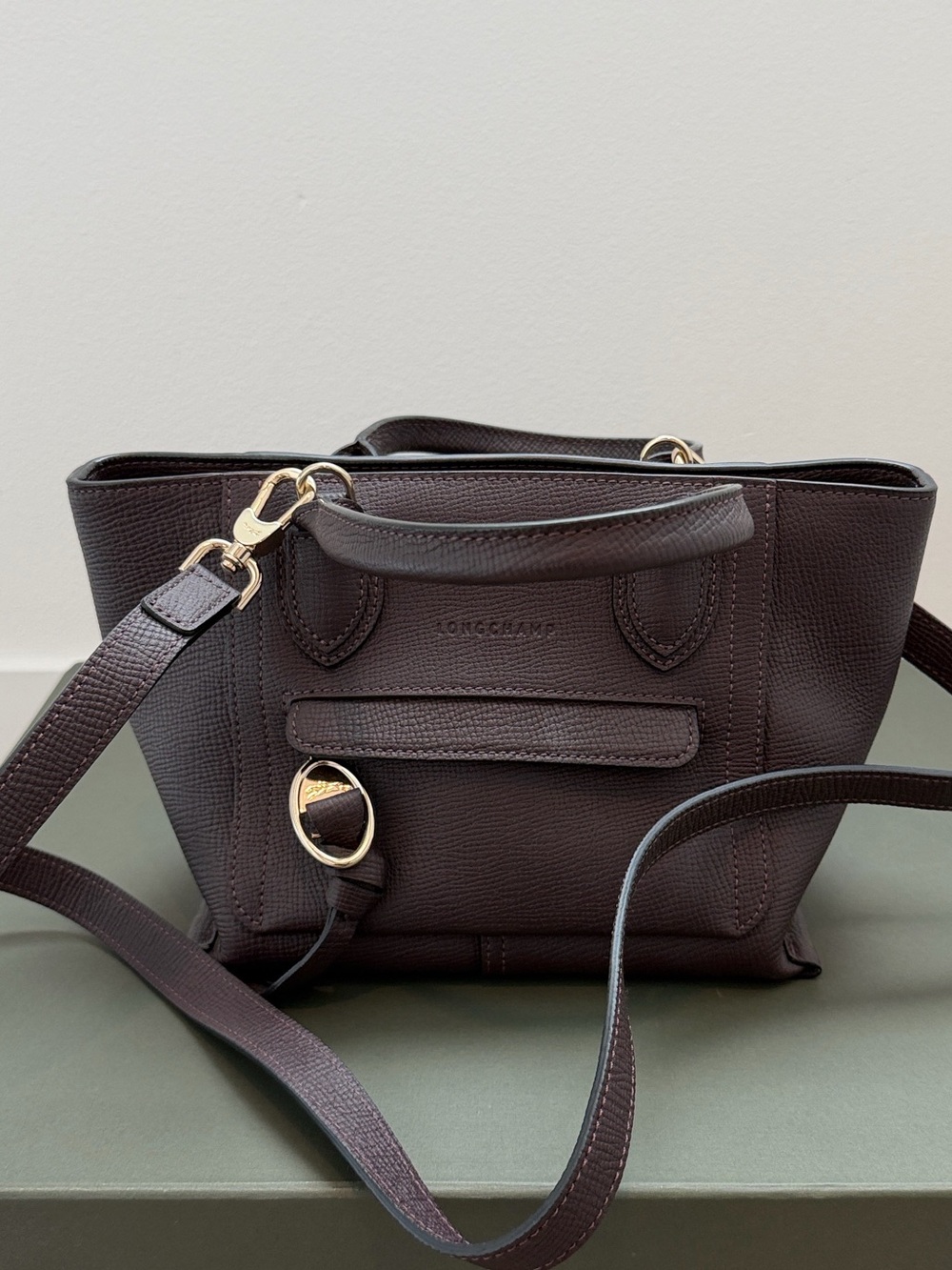 Longchamp Dark Purple Pebbled Leather Crossbody Mailbox Bag with Gold Hardware